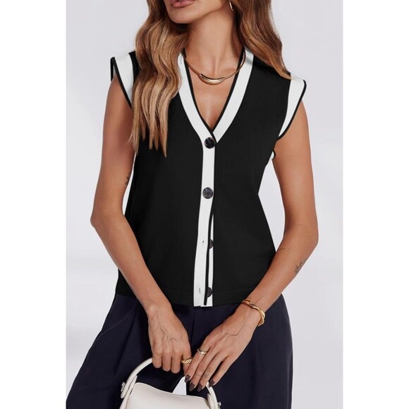 Merokeety Womens V Neck Sweater Vest Button Down Cap Sleeve Black & Beige Large - Picture 3 of 6